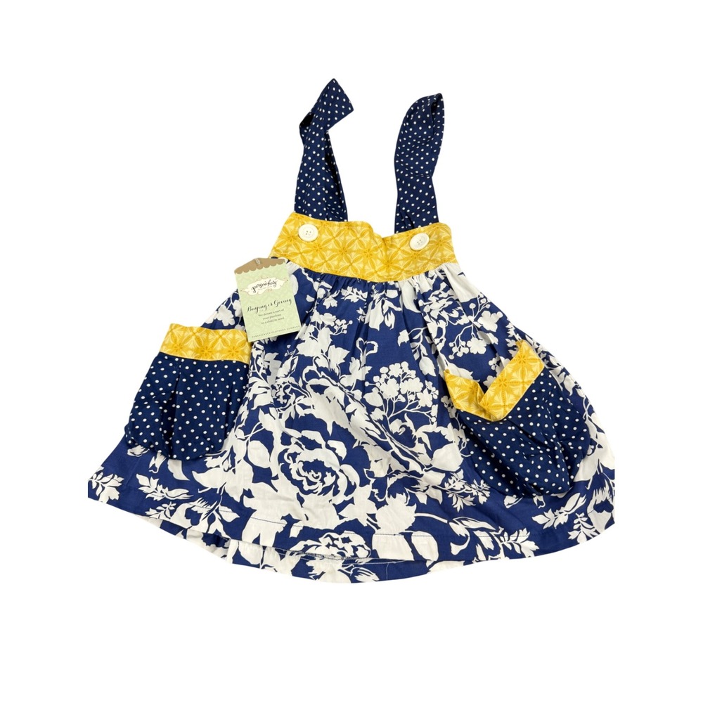 Persnickety Girls Blue White Floral Pinafore Dress Yellow Polka Dot Size 6 NEW
